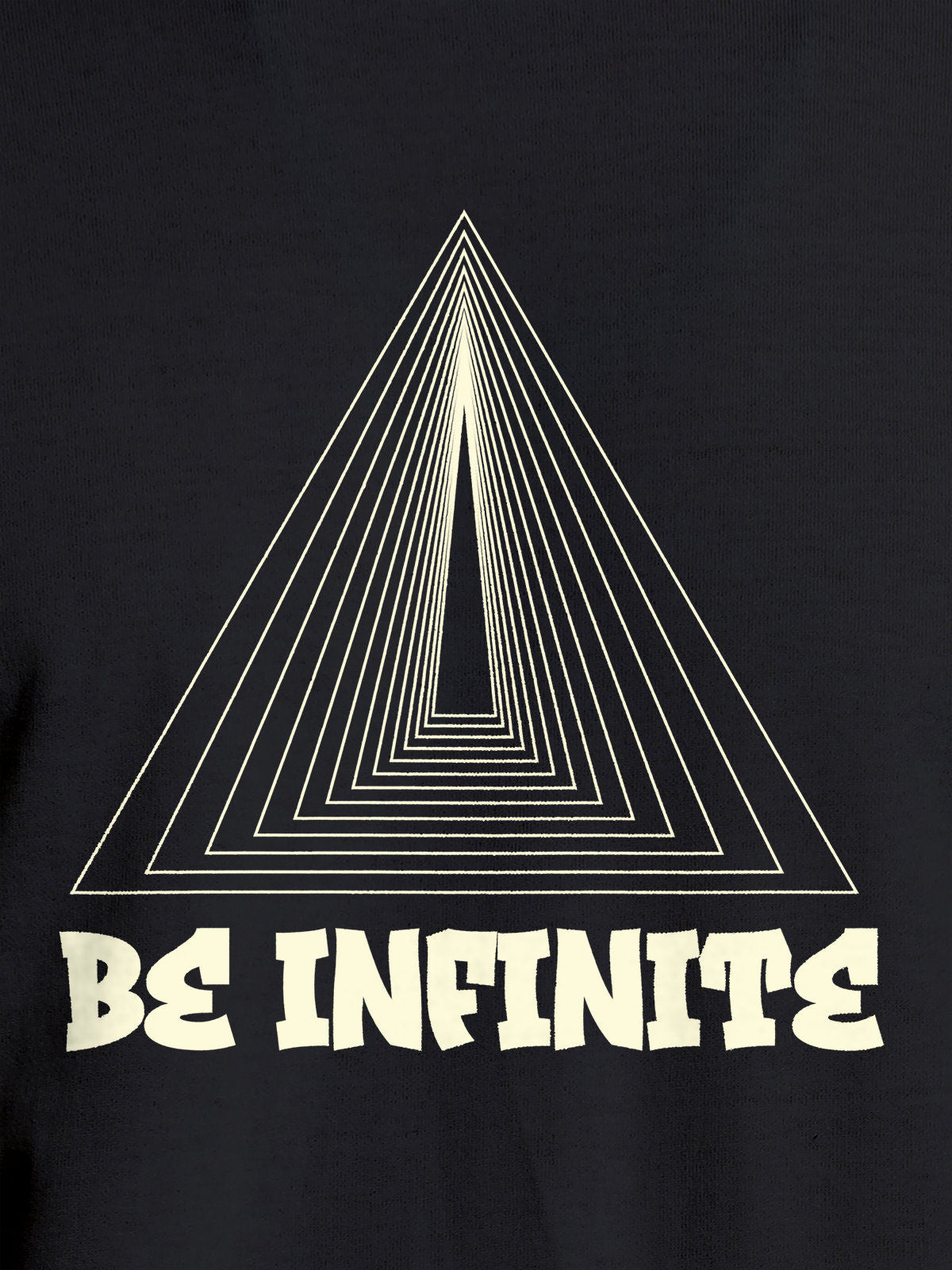Close up of 'Be Infinite' design on Men's Dark Grey Round Neck T-shirt, highlighting intricate details and vibrant print.