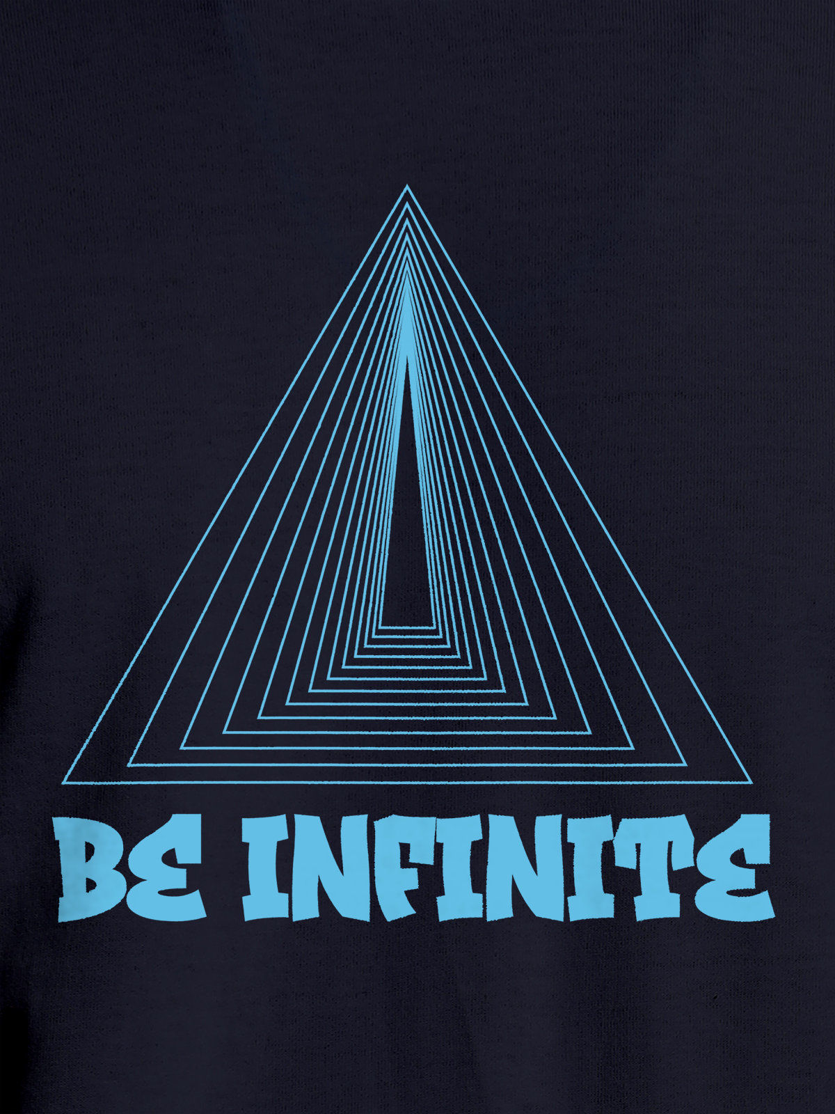 Close up of 'Be Infinite' design on Men's Navy Blue Round Neck T-shirt, highlighting intricate details and vibrant print.