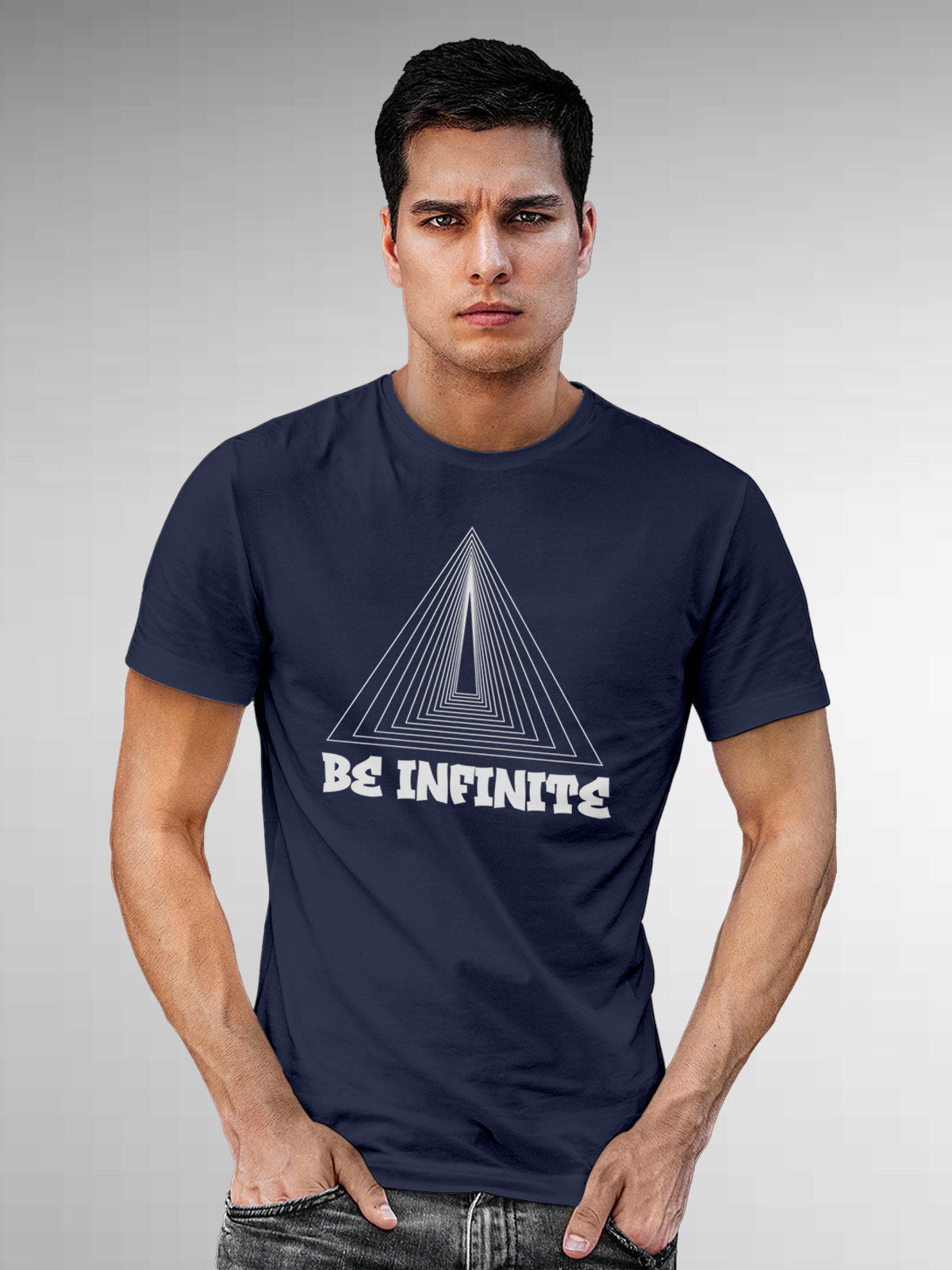 Model wearing Men's Navy Blue Round Neck T-shirt with 'Be Infinite' design, offering effortless style and premium comfort