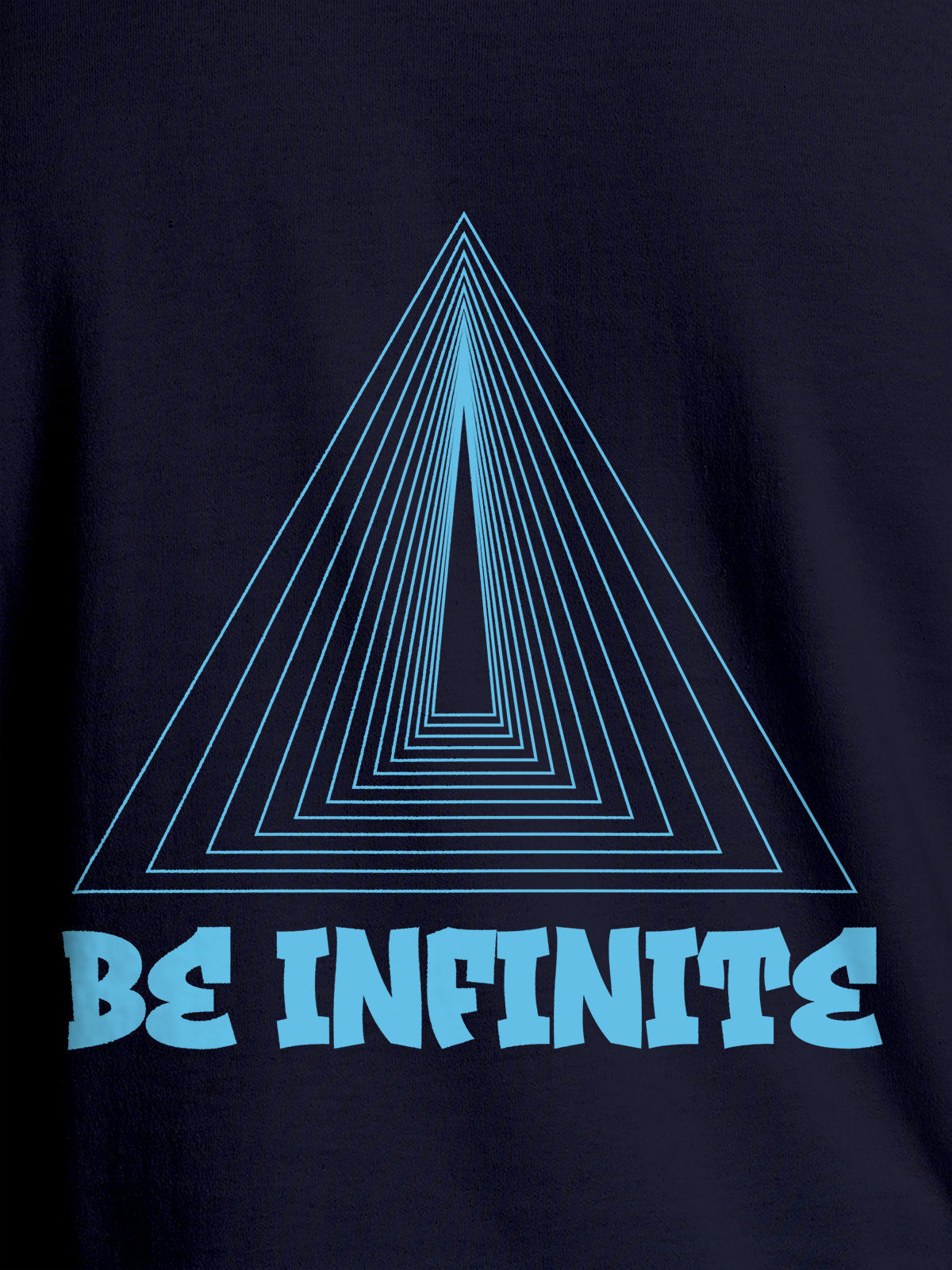 Close up of 'Be Infinite' design on Women's Navy Blue Round Neck T-shirt, highlighting intricate details and vibrant print.