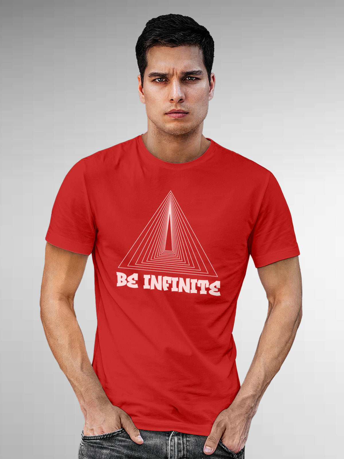 Model wearing Men's Red Round Neck T-shirt with 'Be Infinite' design, offering effortless style and premium comfort