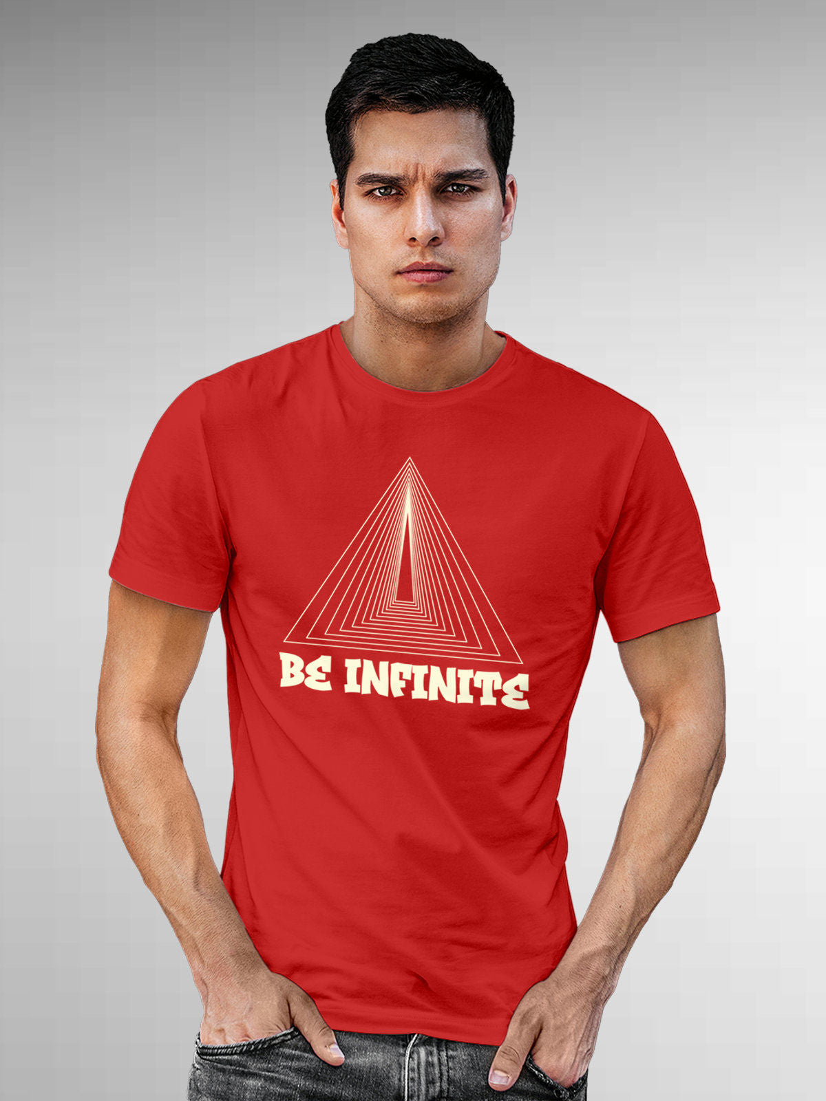 Model wearing Men's Red Round Neck T-shirt with 'Be Infinite' design, offering effortless style and premium comfort