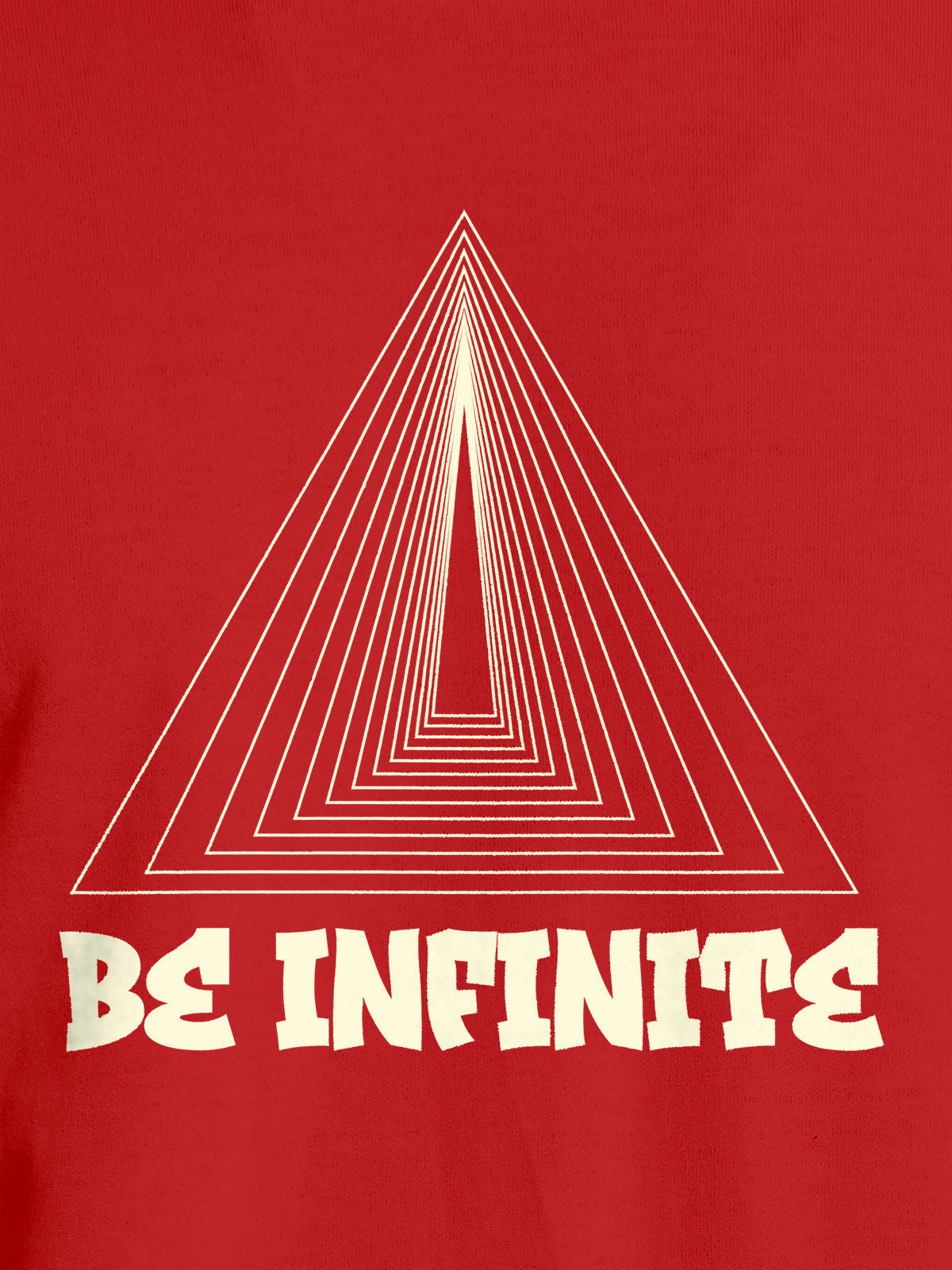 Close up of 'Be Infinite' design on Men's Red Round Neck T-shirt, highlighting intricate details and vibrant print.