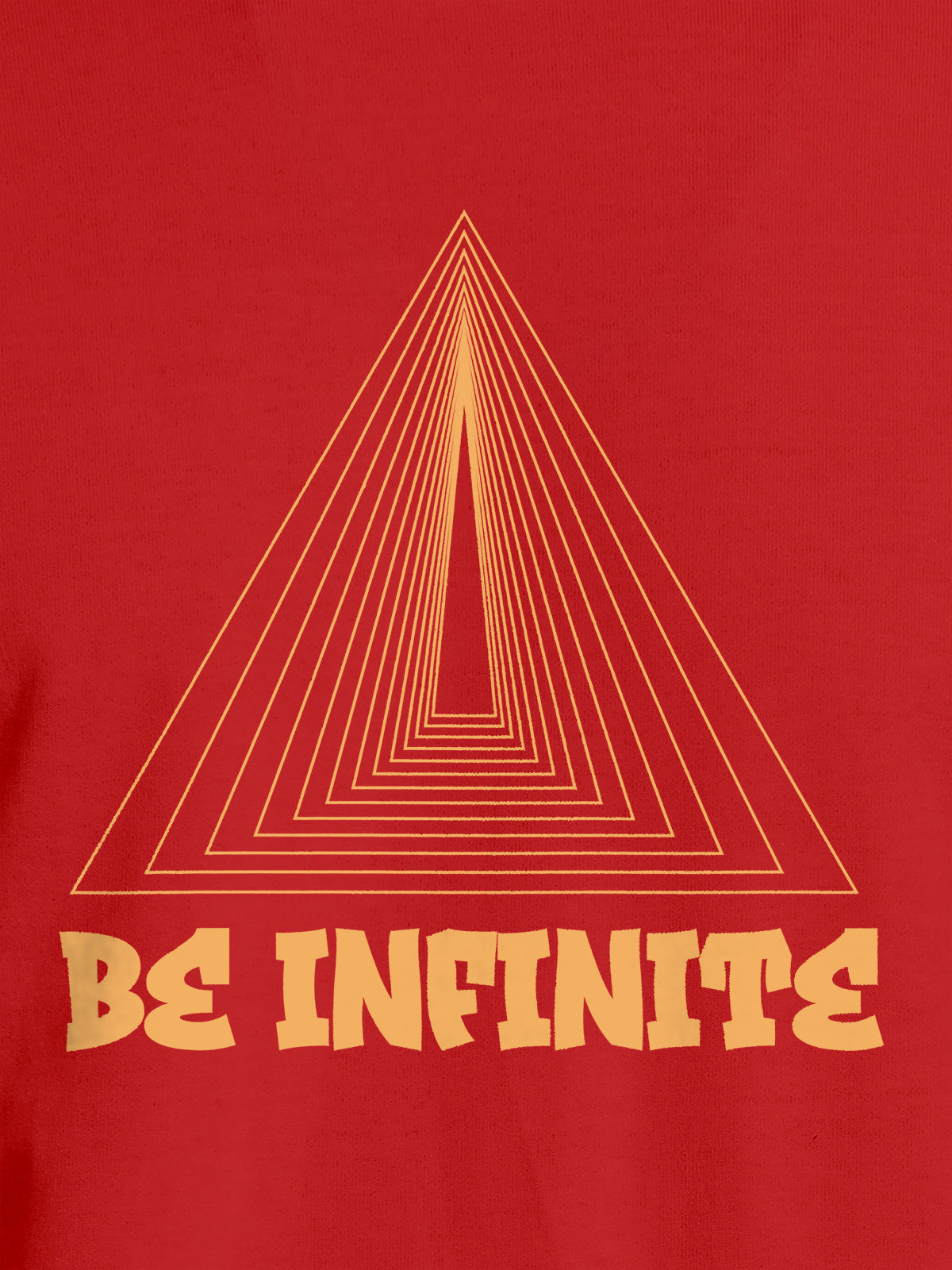 Close up of 'Be Infinite' design on Men's Red Round Neck T-shirt, highlighting intricate details and vibrant print.