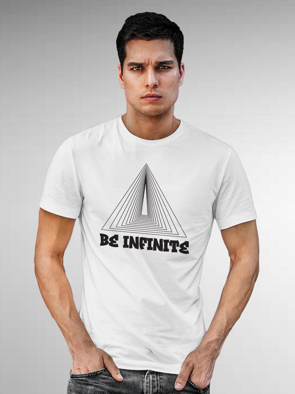 Model wearing Men's White Round Neck T-shirt with 'Be Infinite' design, offering effortless style and premium comfort
