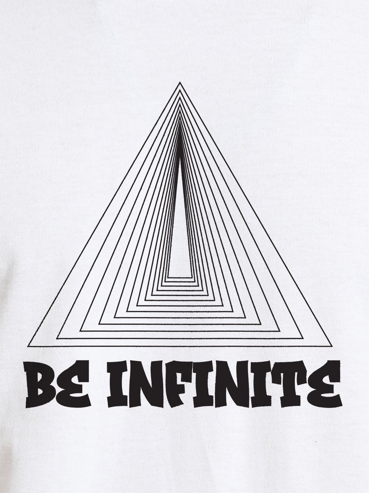 Close up of 'Be Infinite' design on Men's White Round Neck T-shirt, highlighting intricate details and vibrant print.