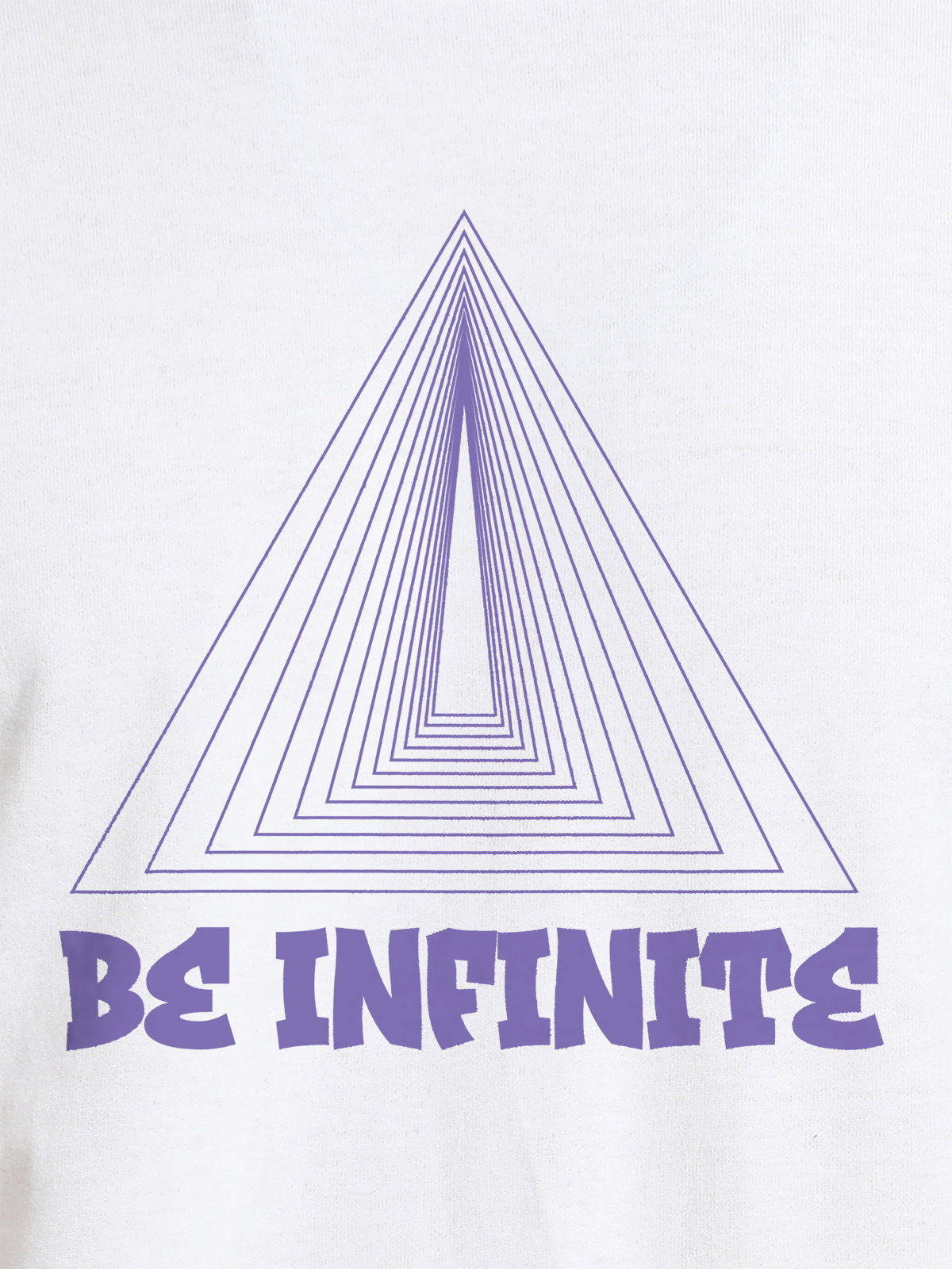 Close up of 'Be Infinite' design on Men's White Round Neck T-shirt, highlighting intricate details and vibrant print.