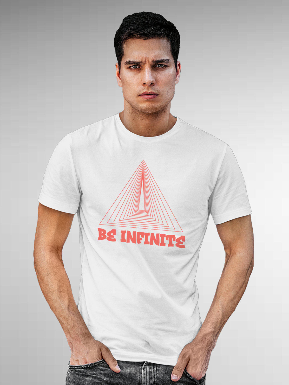 Model wearing Men's White Round Neck T-shirt with 'Be Infinite' design, offering effortless style and premium comfort