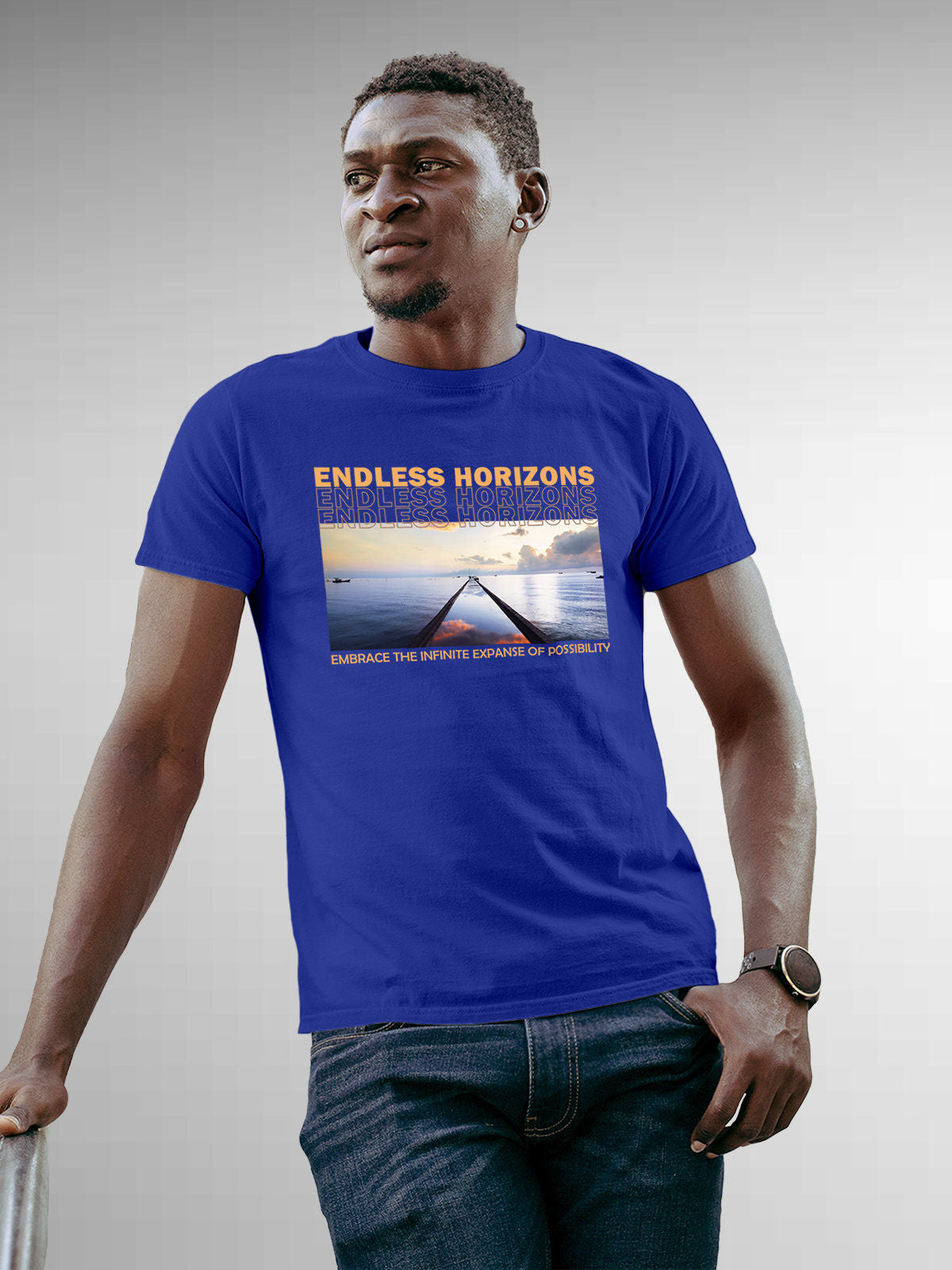 Model wearing Men's Blue Round Neck T-shirt with 'Endless Horizons' design, offering effortless style and premium comfort