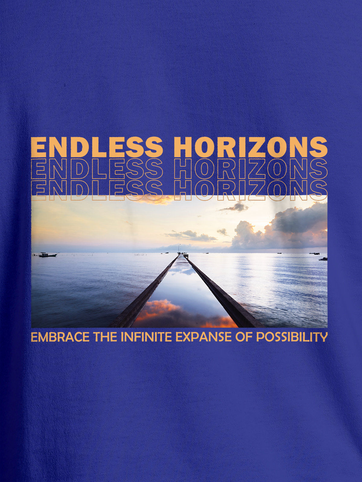 Close up of 'Endless Horizons' design on Men's Blue Round Neck T-shirt, highlighting intricate details and vibrant print.