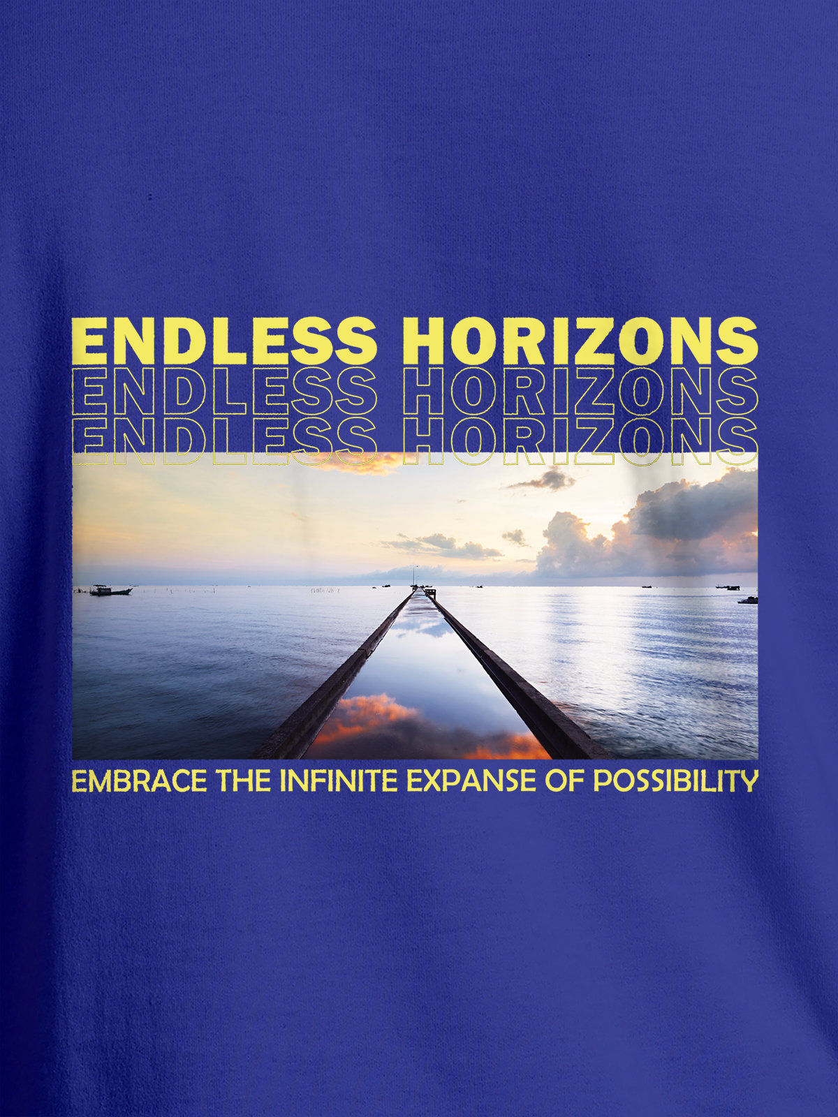 Close up of 'Endless Horizons' design on Men's Blue Round Neck T-shirt, highlighting intricate details and vibrant print.