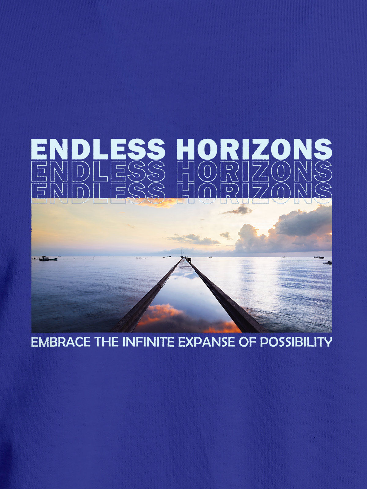 Close up of 'Endless Horizons' design on Women's Blue Round Neck T-shirt, highlighting intricate details and vibrant print.