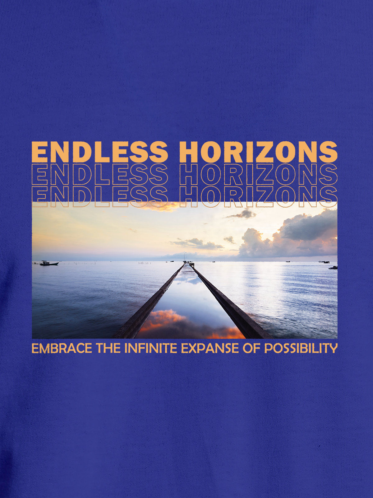 Close up of 'Endless Horizons' design on Women's Blue Round Neck T-shirt, highlighting intricate details and vibrant print.