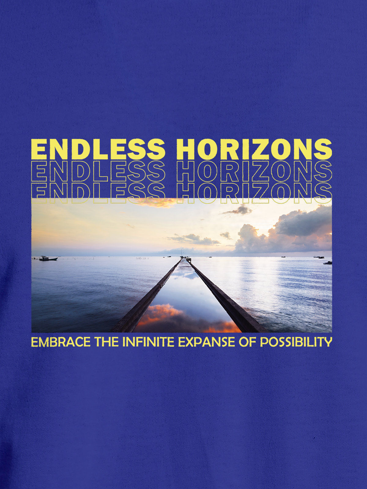Close up of 'Endless Horizons' design on Women's Blue Round Neck T-shirt, highlighting intricate details and vibrant print.