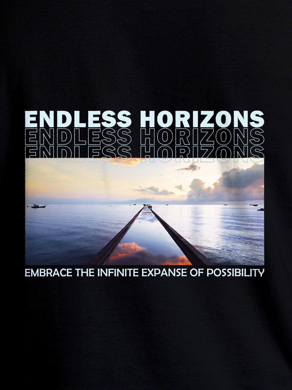 Close up of 'Endless Horizons' design on Men's Black Round Neck T-shirt, highlighting intricate details and vibrant print.