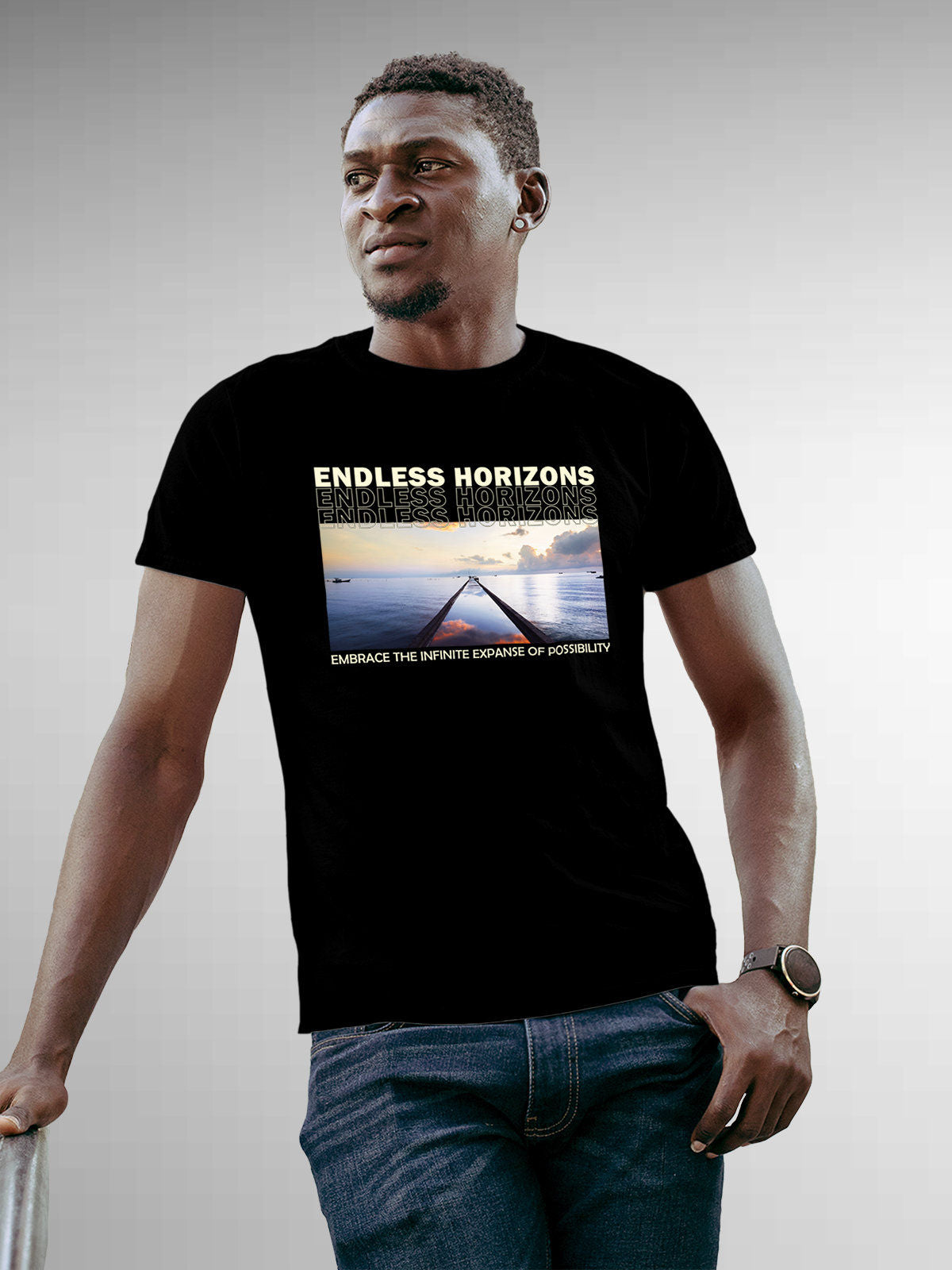 Model wearing Men's Black Round Neck T-shirt with 'Endless Horizons' design, offering effortless style and premium comfort