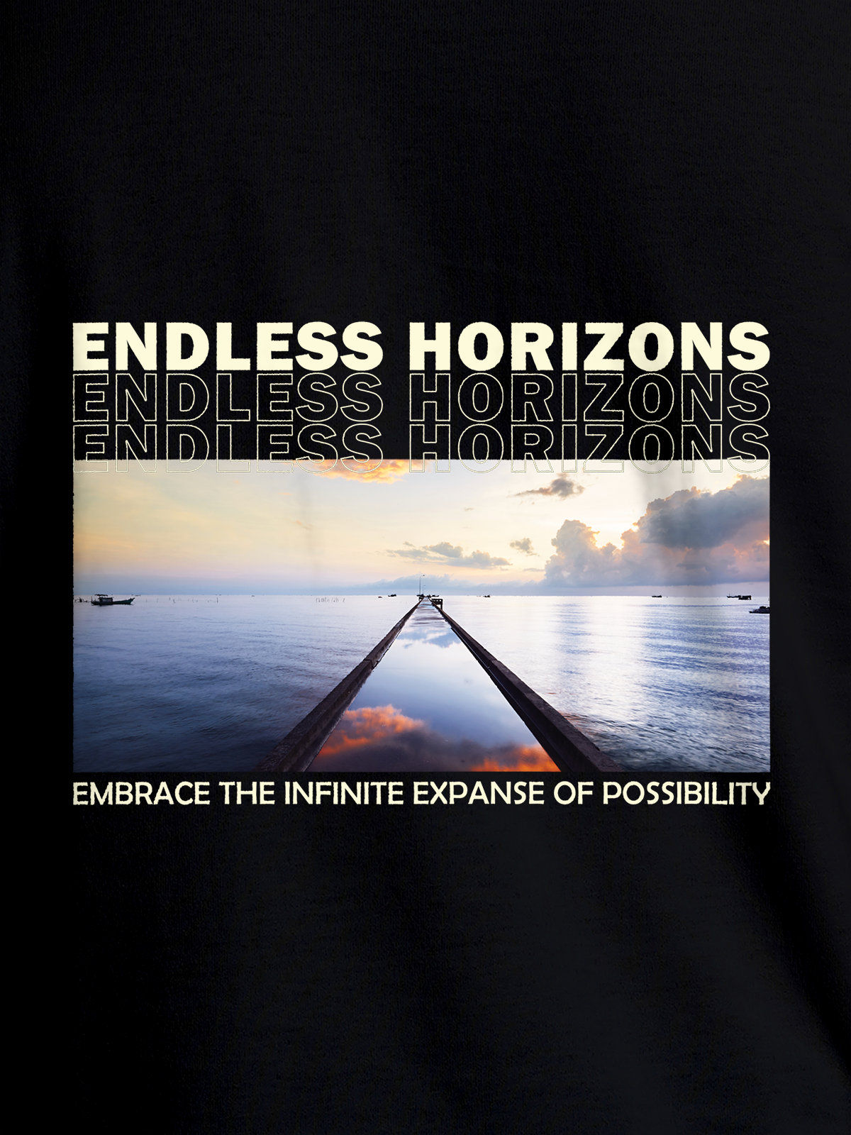 Close up of 'Endless Horizons' design on Men's Black Round Neck T-shirt, highlighting intricate details and vibrant print.