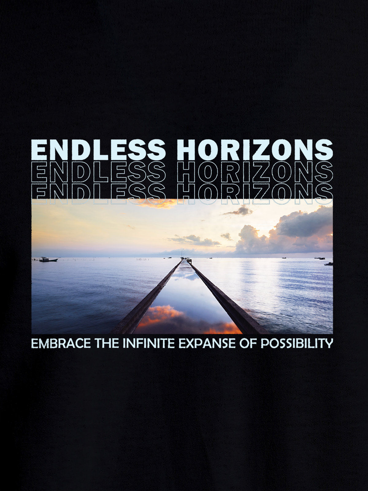 Close up of 'Endless Horizons' design on Women's Black Round Neck T-shirt, highlighting intricate details and vibrant print.