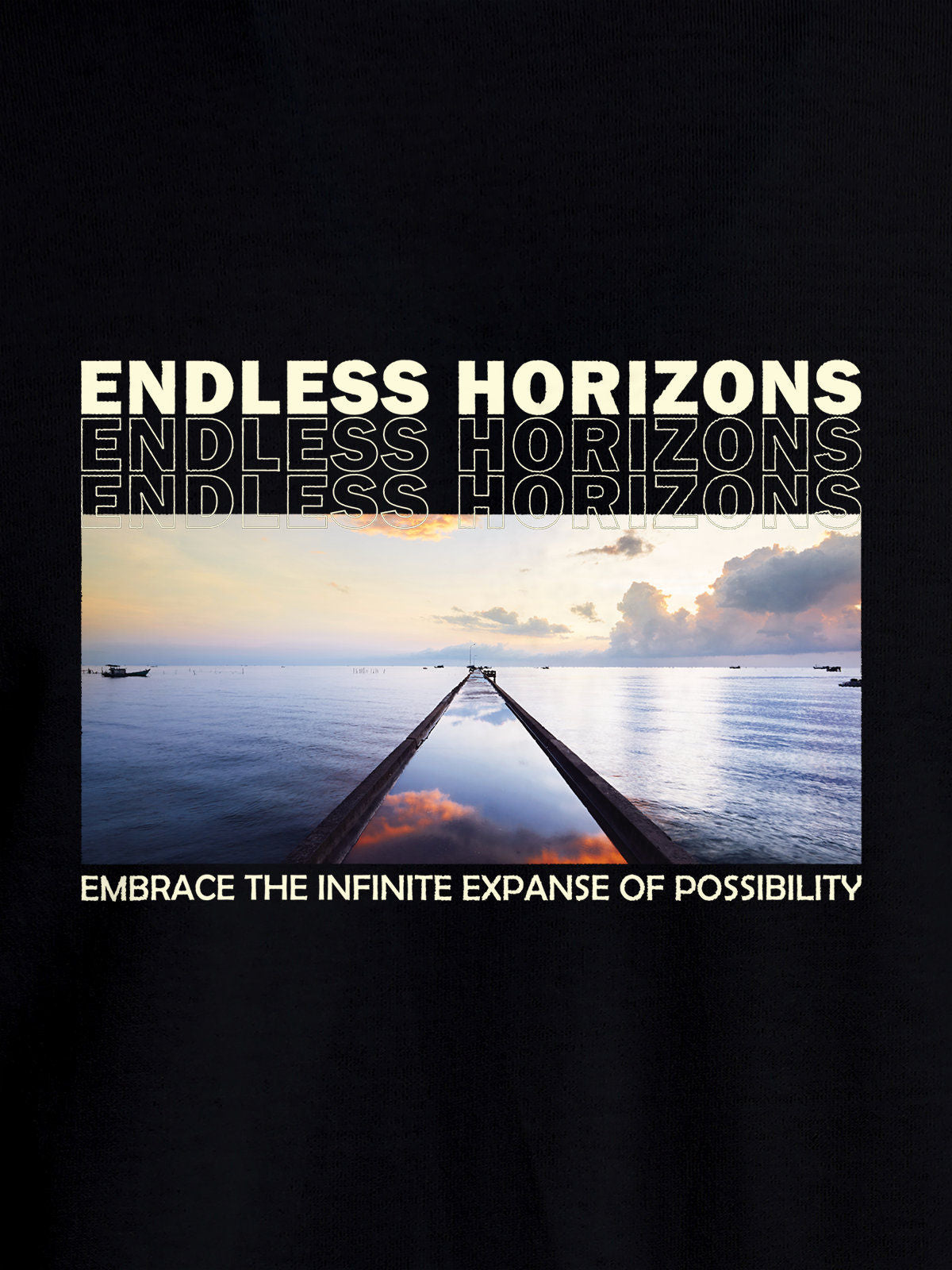 Close up of 'Endless Horizons' design on Women's Black Round Neck T-shirt, highlighting intricate details and vibrant print.