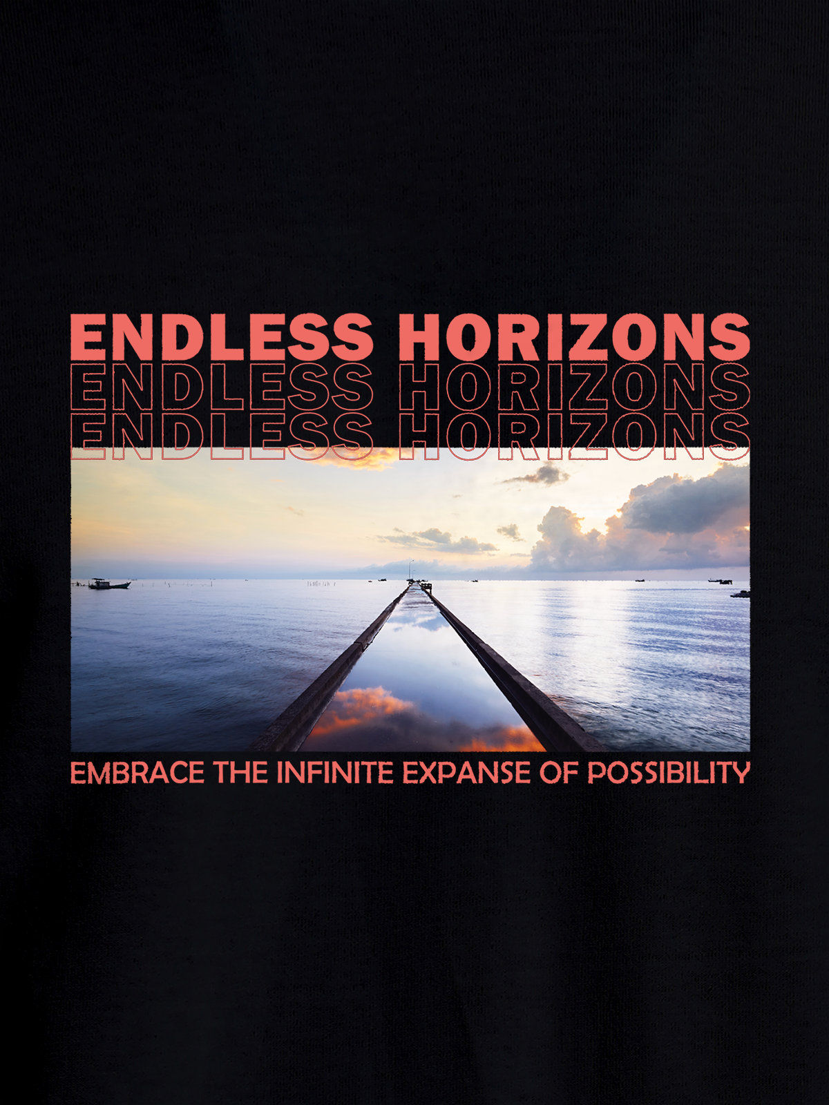 Close up of 'Endless Horizons' design on Women's Black Round Neck T-shirt, highlighting intricate details and vibrant print.