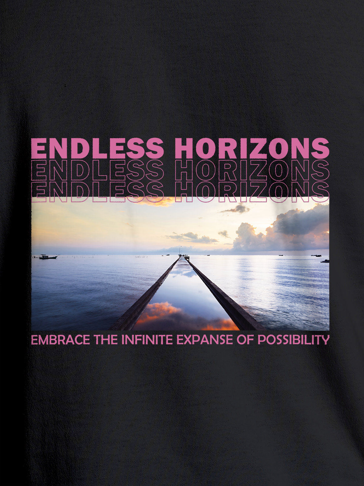 Close up of 'Endless Horizons' design on Men's Dark Grey Round Neck T-shirt, highlighting intricate details and vibrant print.