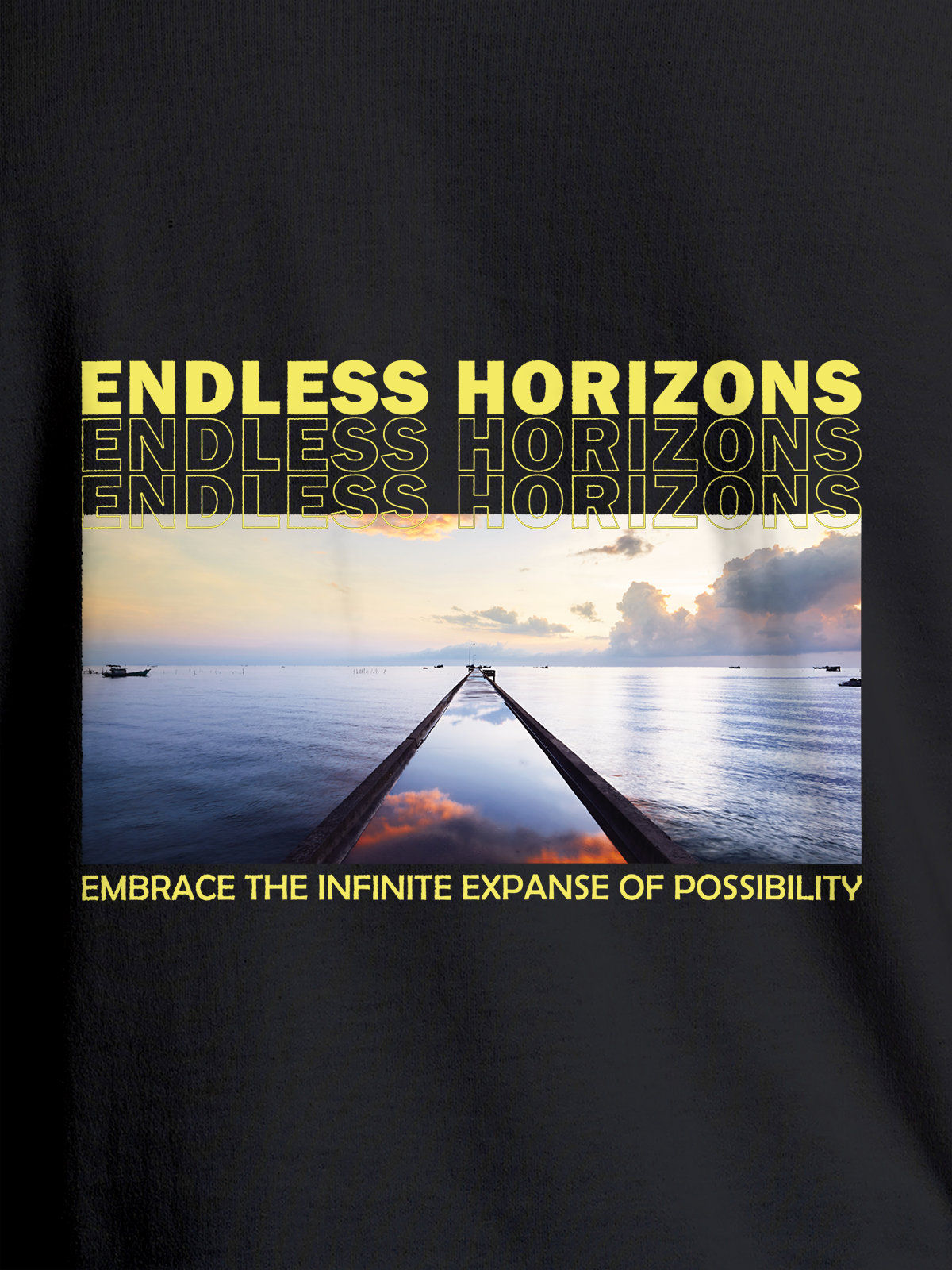 Close up of 'Endless Horizons' design on Men's Dark Grey Round Neck T-shirt, highlighting intricate details and vibrant print.