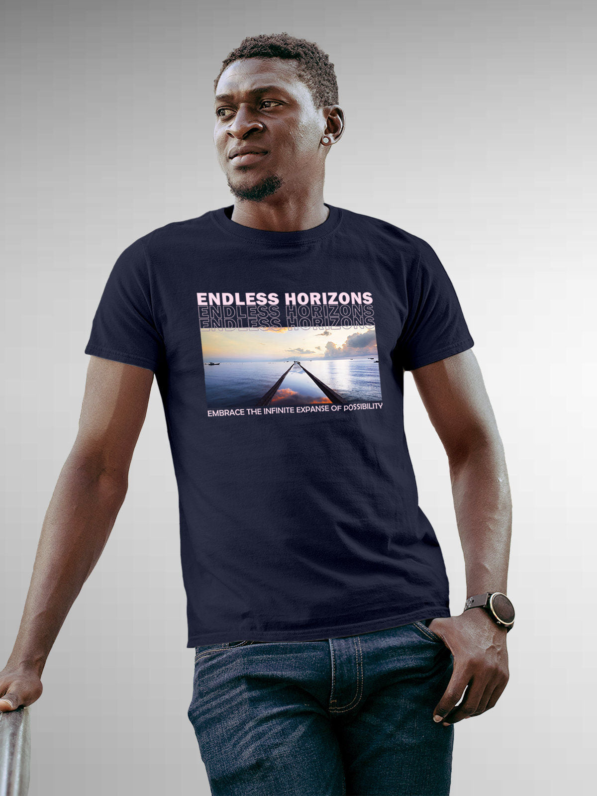 Model wearing Men's Navy Blue Round Neck T-shirt with 'Endless Horizons' design, offering effortless style and premium comfort