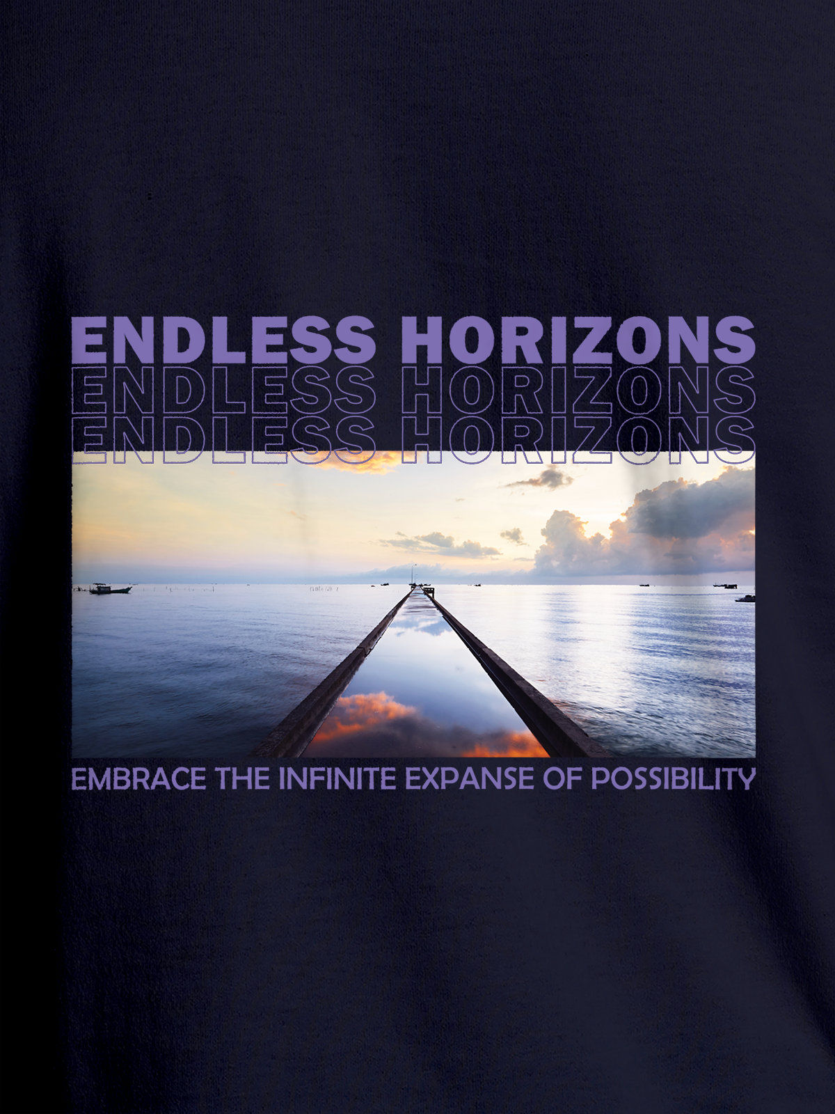 Close up of 'Endless Horizons' design on Men's Navy Blue Round Neck T-shirt, highlighting intricate details and vibrant print.