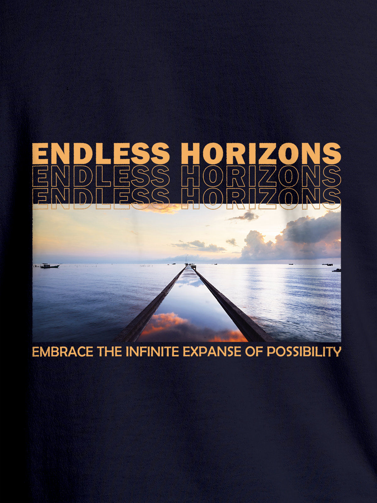 Close up of 'Endless Horizons' design on Men's Navy Blue Round Neck T-shirt, highlighting intricate details and vibrant print.