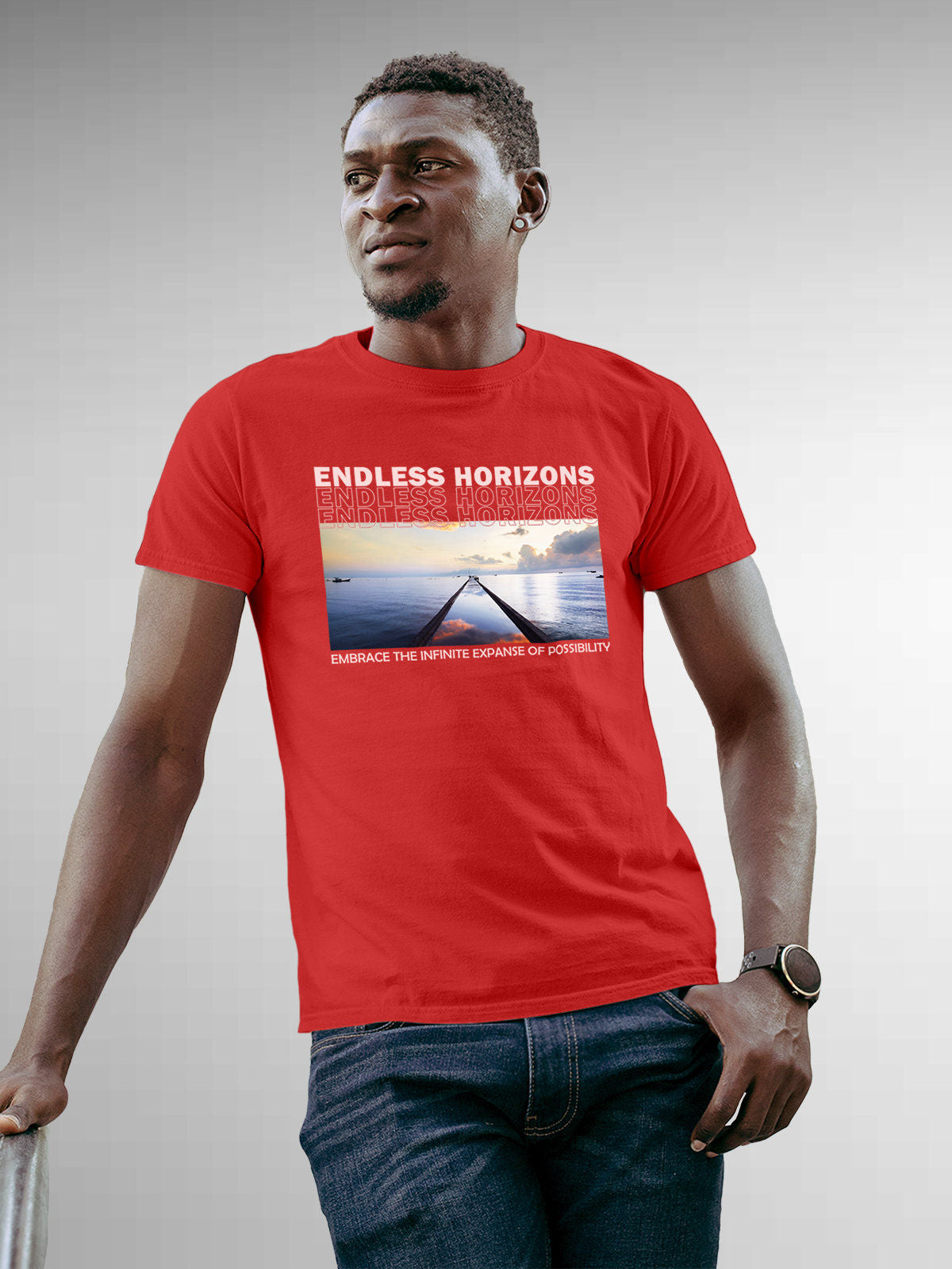 Model wearing Men's Red Round Neck T-shirt with 'Endless Horizons' design, offering effortless style and premium comfort