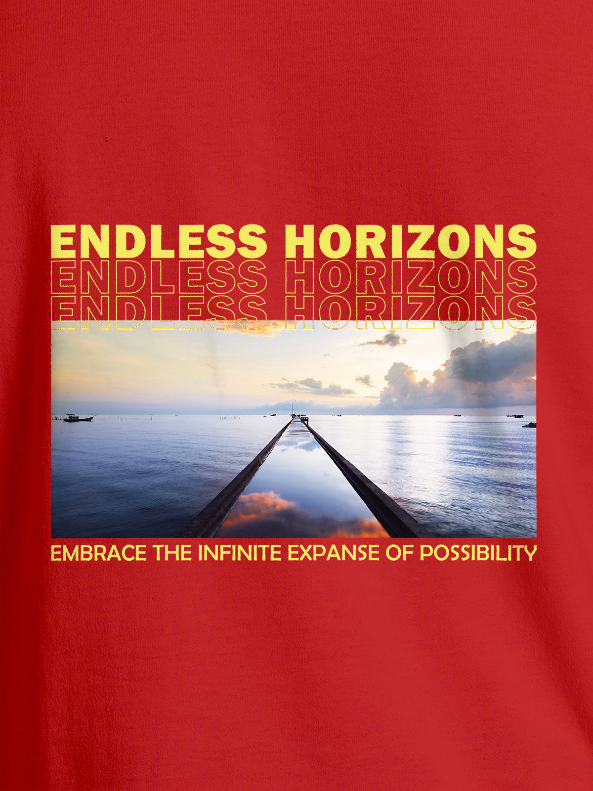 Close up of 'Endless Horizons' design on Men's Red Round Neck T-shirt, highlighting intricate details and vibrant print.