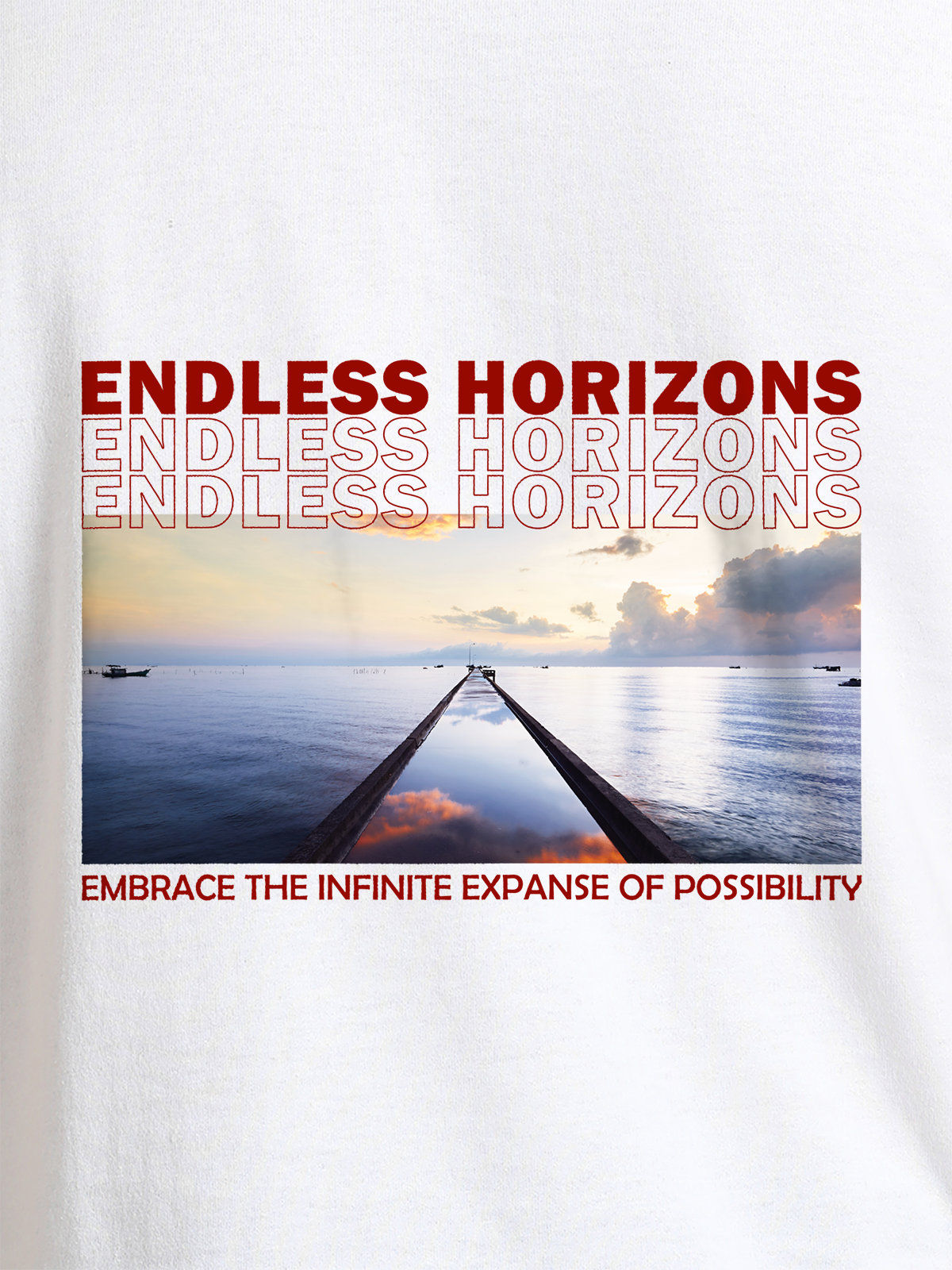 Close up of 'Endless Horizons' design on Men's White Round Neck T-shirt, highlighting intricate details and vibrant print.