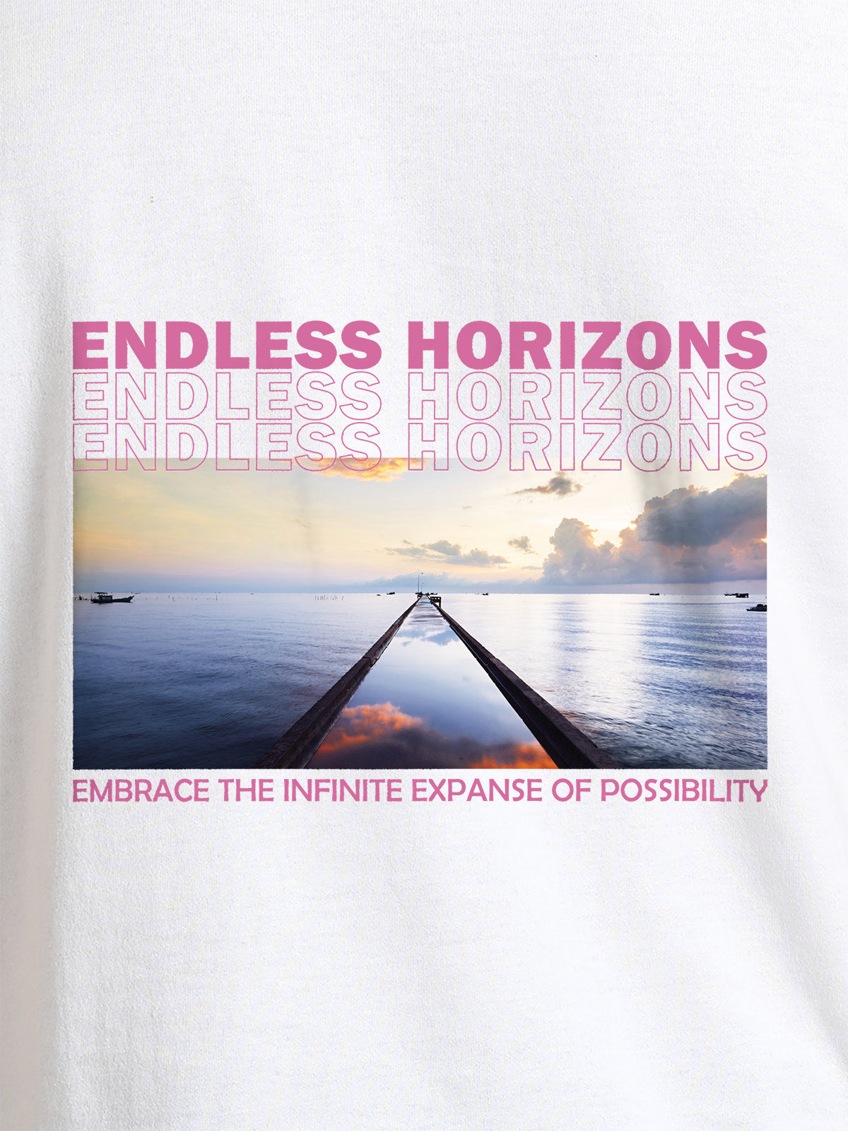 Close up of 'Endless Horizons' design on Men's White Round Neck T-shirt, highlighting intricate details and vibrant print.