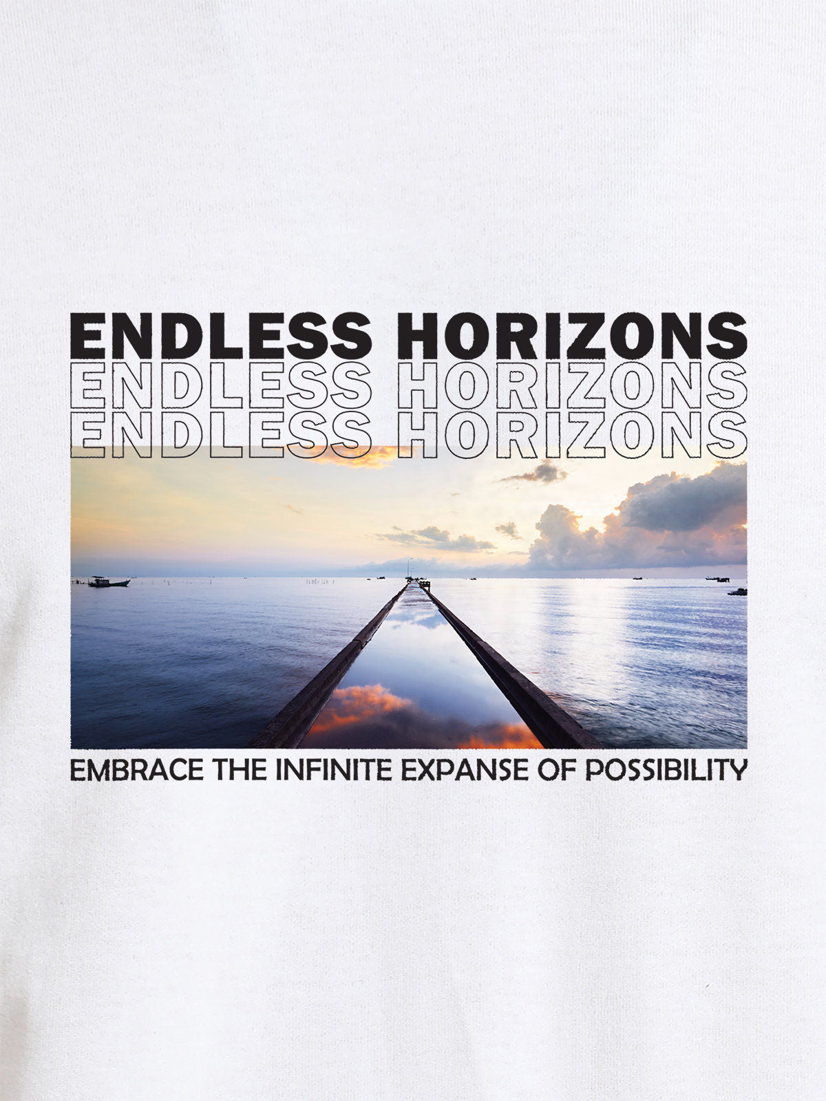 Close up of 'Endless Horizons' design on Women's White Round Neck T-shirt, highlighting intricate details and vibrant print.