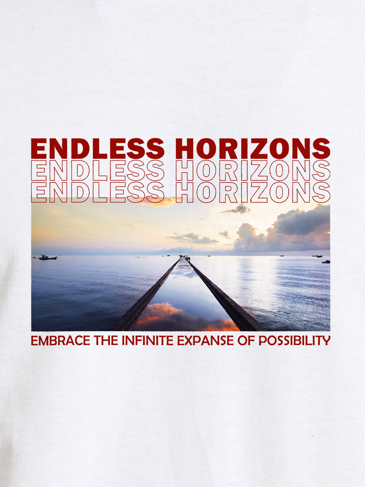 Close up of 'Endless Horizons' design on Women's White Round Neck T-shirt, highlighting intricate details and vibrant print.