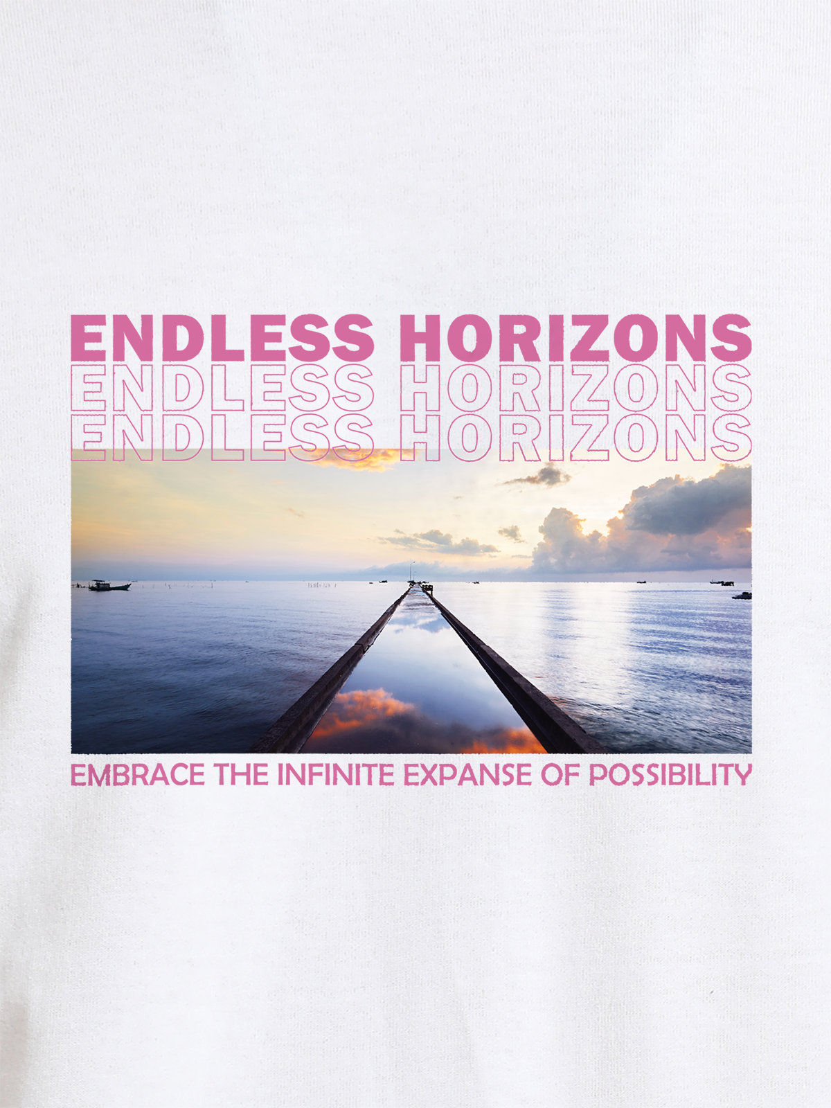 Close up of 'Endless Horizons' design on Women's White Round Neck T-shirt, highlighting intricate details and vibrant print.