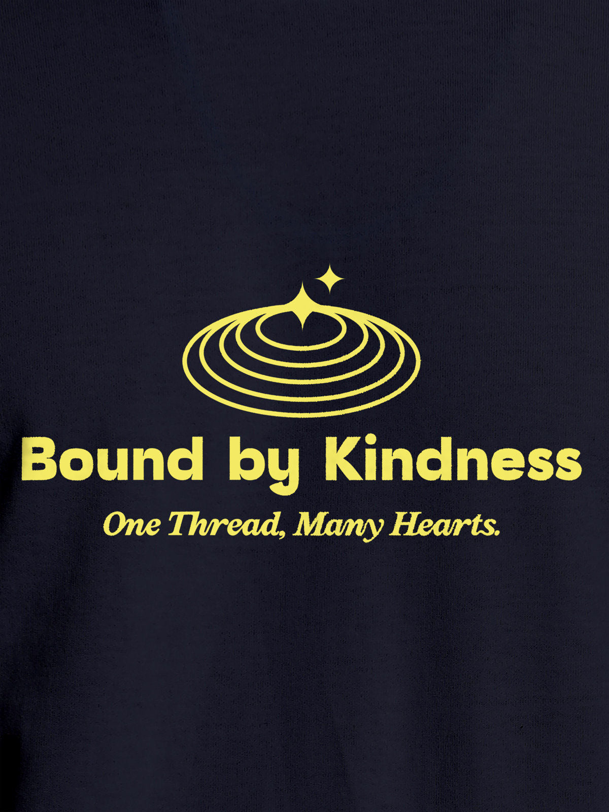 Close up of 'Bound By Kindness' design on Women's Navy Blue Round Neck T-shirt, highlighting intricate details and vibrant print.
