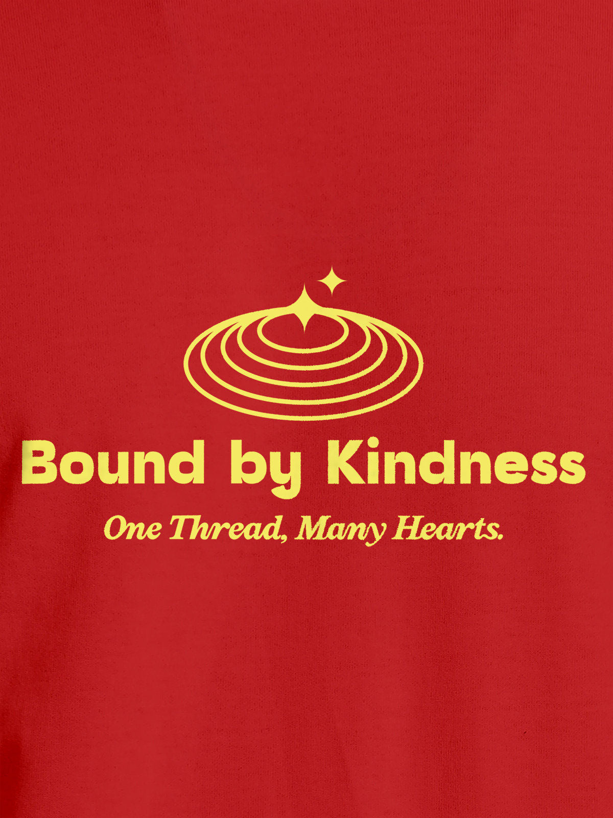 Close up of 'Bound By Kindness' design on Women's Red Round Neck T-shirt, highlighting intricate details and vibrant print.