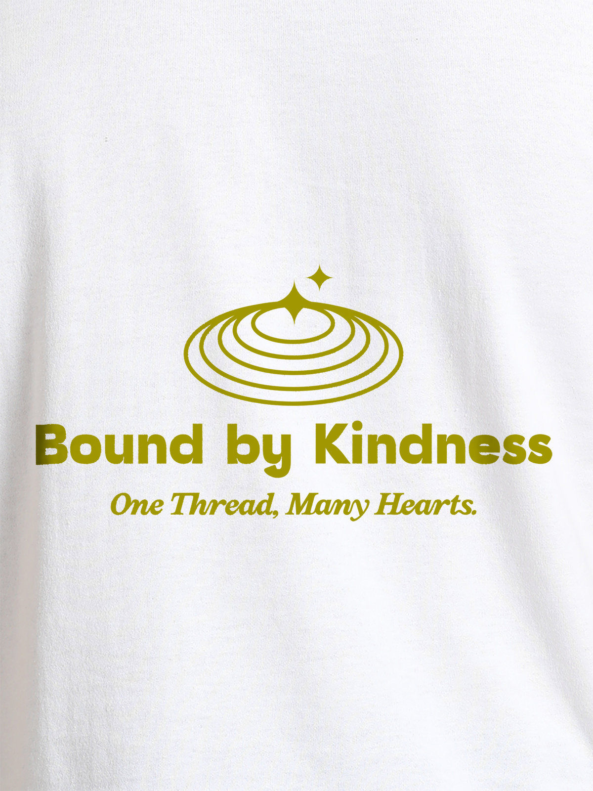 Close up of 'Bound By Kindness' design on Men's White Round Neck T-shirt, highlighting intricate details and vibrant print.