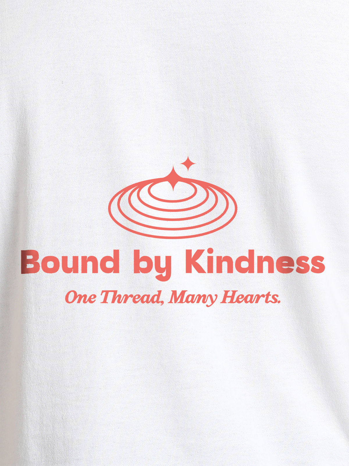 Close up of 'Bound By Kindness' design on Men's White Round Neck T-shirt, highlighting intricate details and vibrant print.
