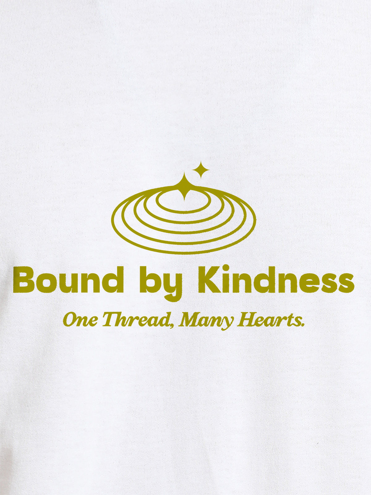 Close up of 'Bound By Kindness' design on Women's White Round Neck T-shirt, highlighting intricate details and vibrant print.