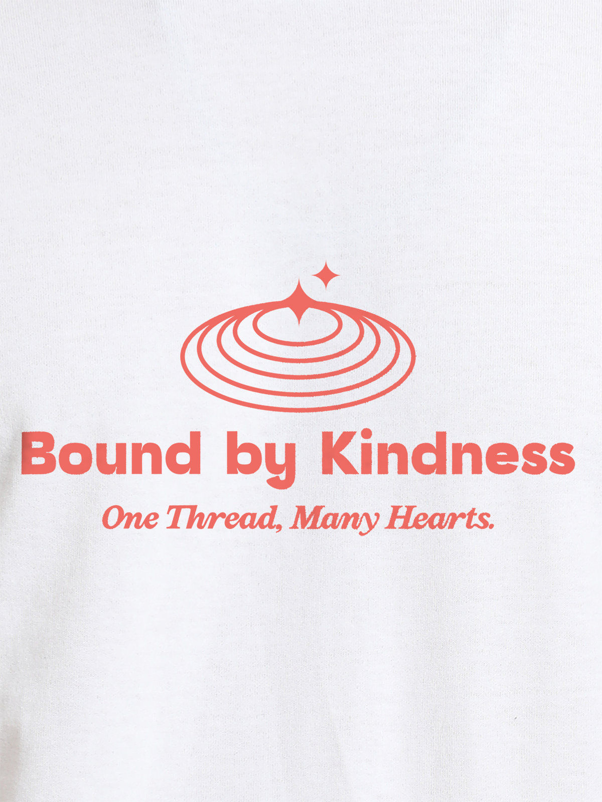 Close up of 'Bound By Kindness' design on Women's White Round Neck T-shirt, highlighting intricate details and vibrant print.
