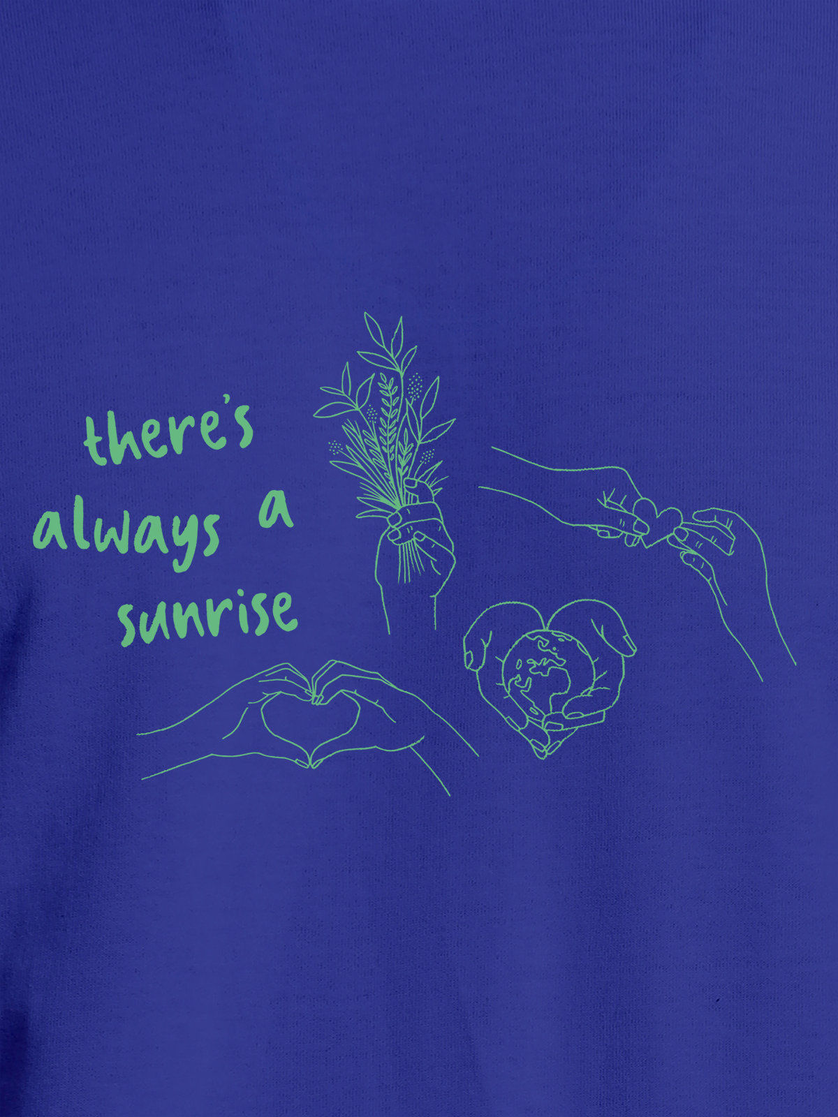 Close up of 'There's Always a Sunrise' design on Men's Blue Round Neck T-shirt, highlighting intricate details and vibrant print.