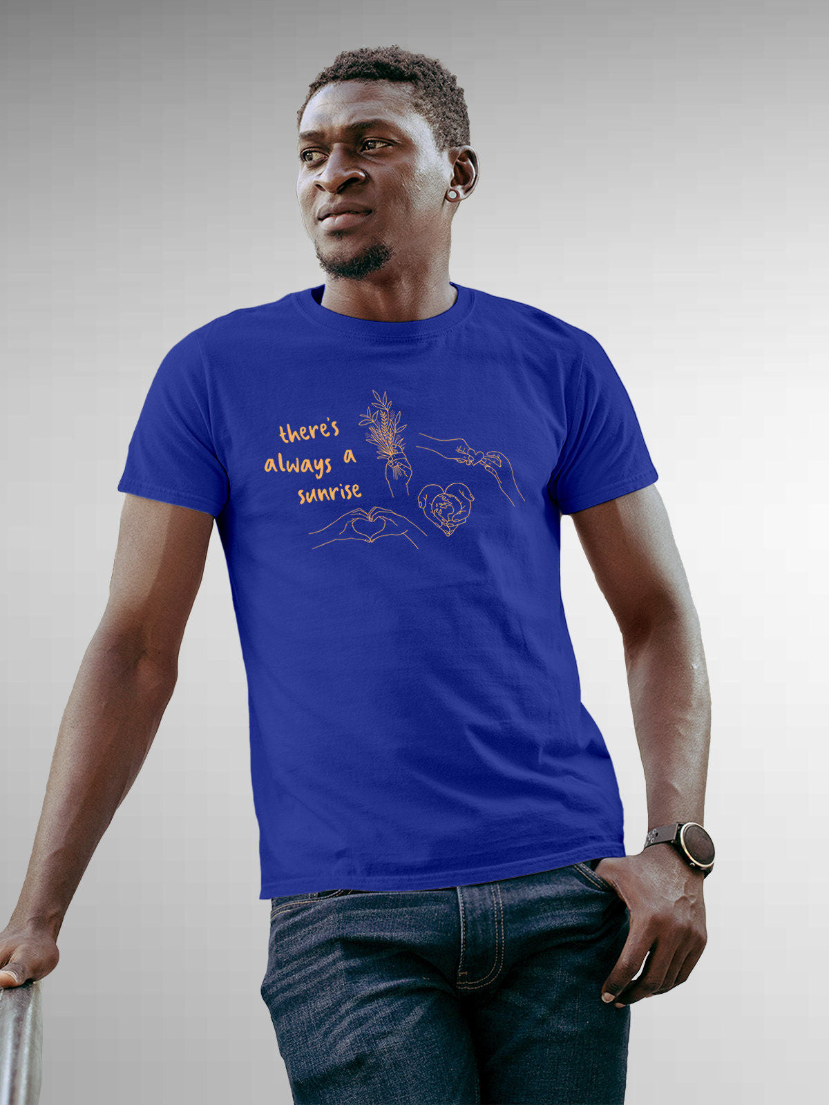 Model wearing Men's Blue Round Neck T-shirt with 'There's Always a Sunrise' design, offering effortless style and premium comfort