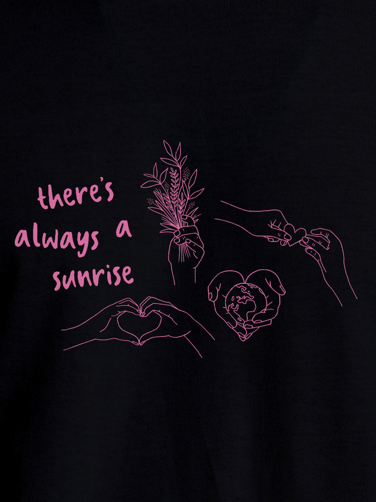 Close up of 'There's Always a Sunrise' design on Men's Black Round Neck T-shirt, highlighting intricate details and vibrant print.
