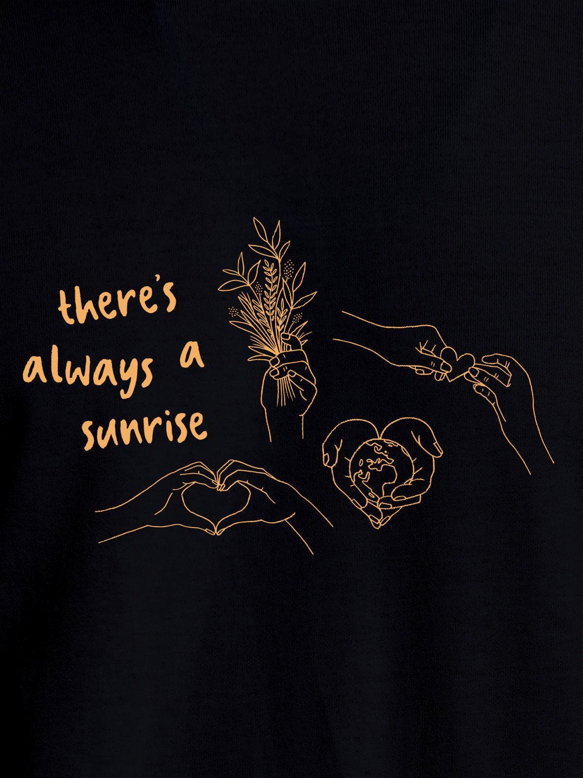 Close up of 'There's Always a Sunrise' design on Men's Black Round Neck T-shirt, highlighting intricate details and vibrant print.