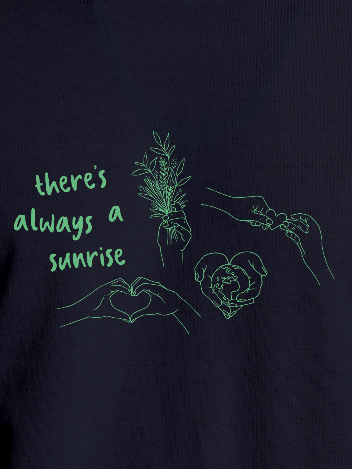 Close up of 'There's Always a Sunrise' design on Men's Navy Blue Round Neck T-shirt, highlighting intricate details and vibrant print.