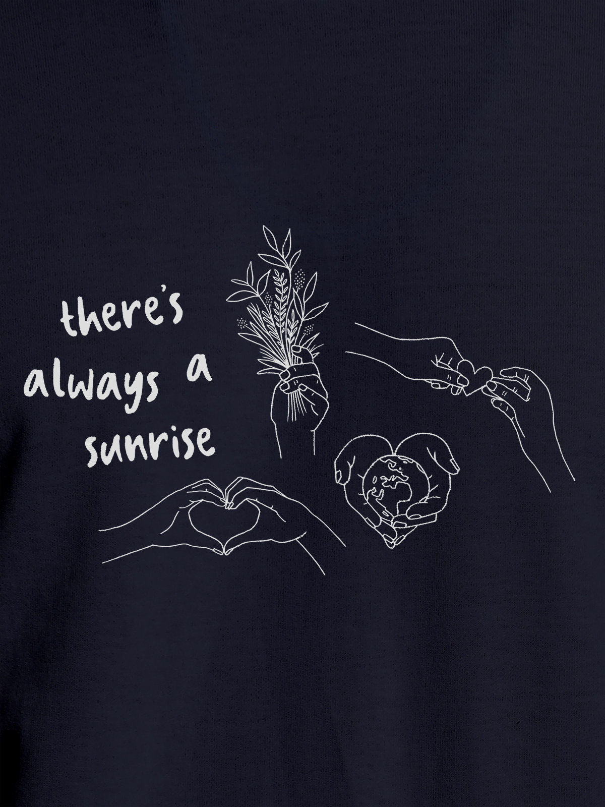 Close up of 'There's Always a Sunrise' design on Men's Navy Blue Round Neck T-shirt, highlighting intricate details and vibrant print.
