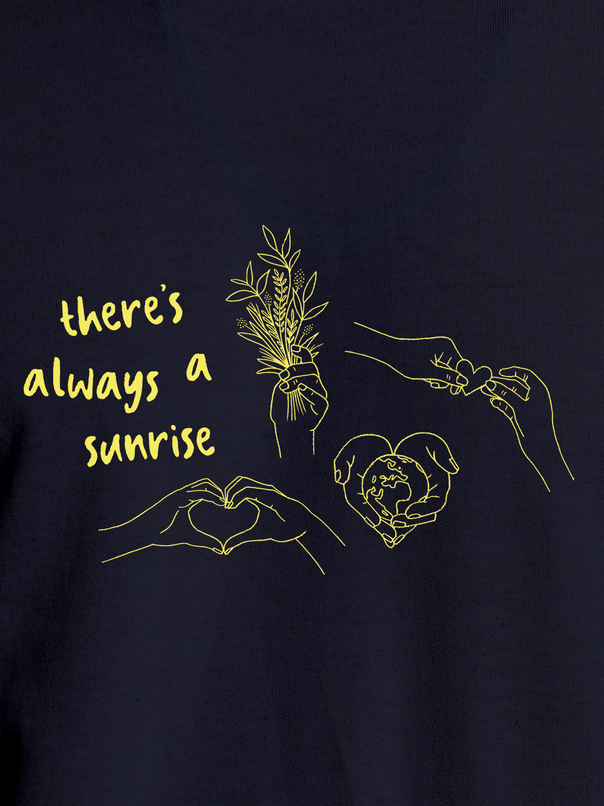 Close up of 'There's Always a Sunrise' design on Men's Navy Blue Round Neck T-shirt, highlighting intricate details and vibrant print.