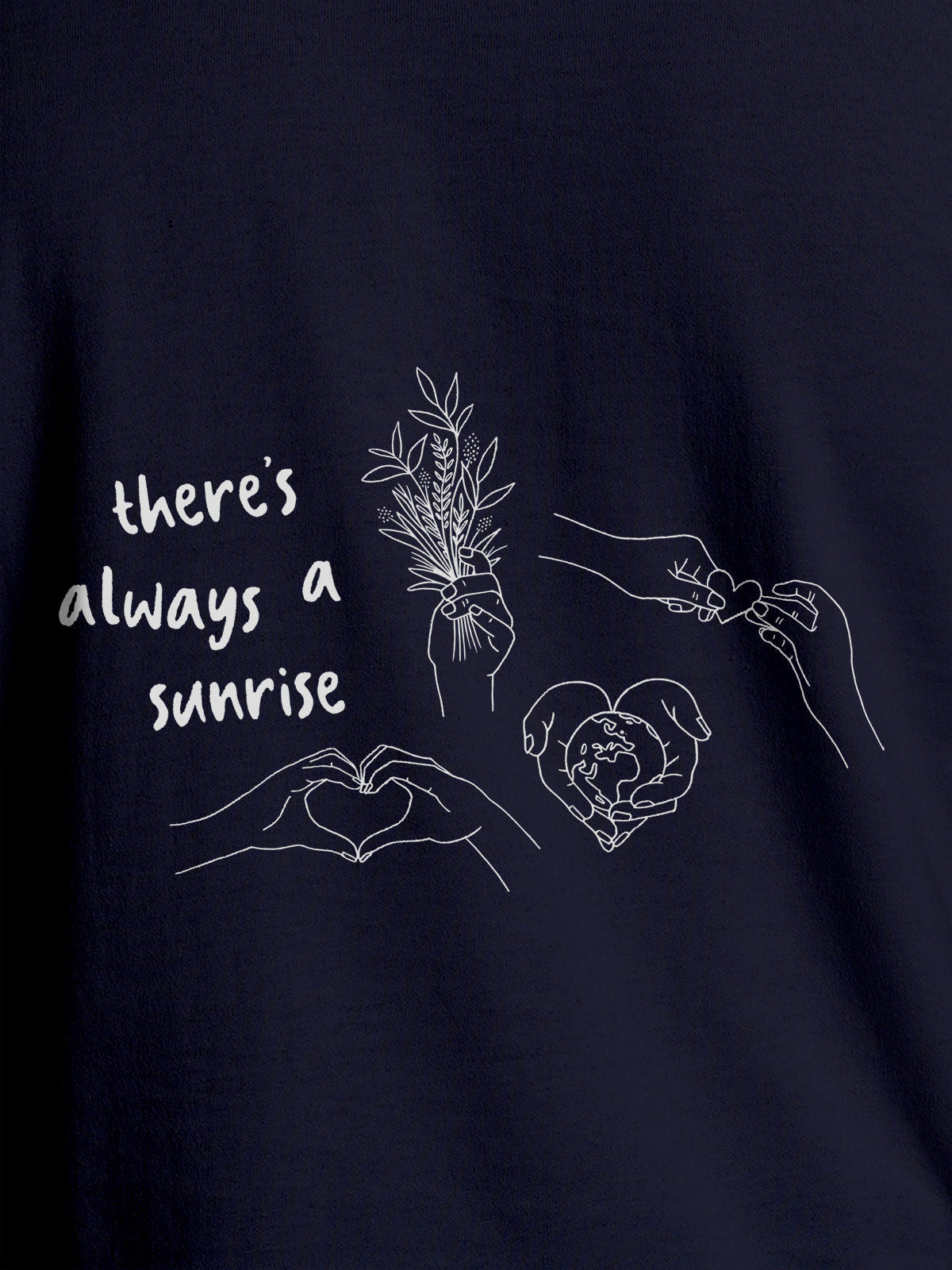 Close up of 'There's Always a Sunrise' design on Women's Navy Blue Round Neck T-shirt, highlighting intricate details and vibrant print.